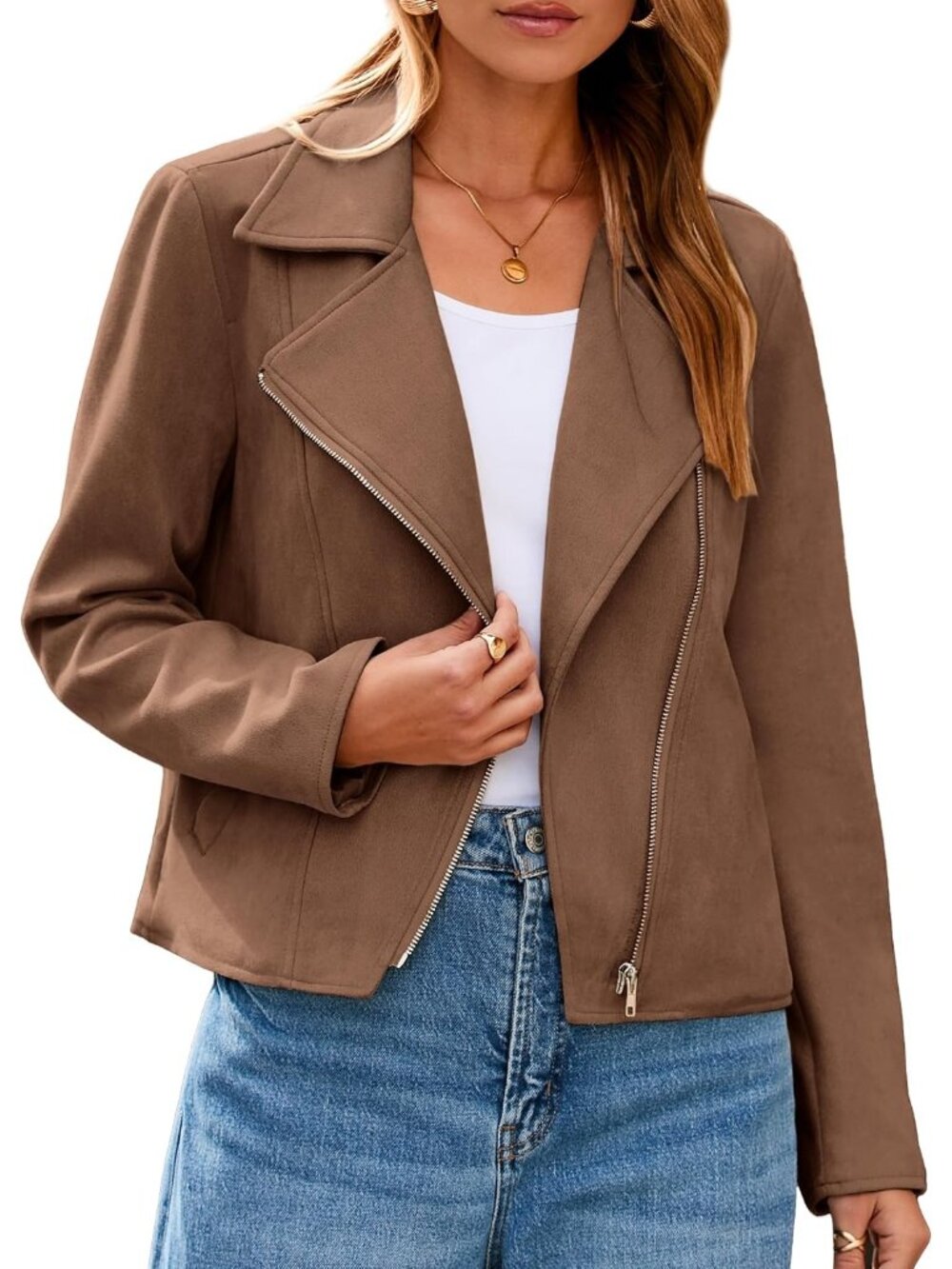 Women's Coffee Brown Faux Suede Leather Long Sleeve Cropped Zipper Winter Jacket